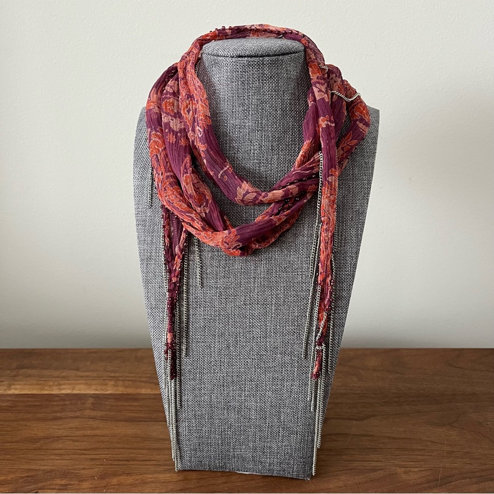 Chan Luu Floral Skinny Scarf Anthropologie Beaded with Fringe Boho Inspired